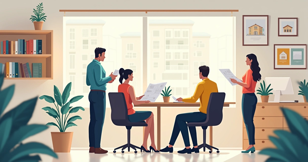 Cartório de registro de imóveis com pessoas analisando documentos 