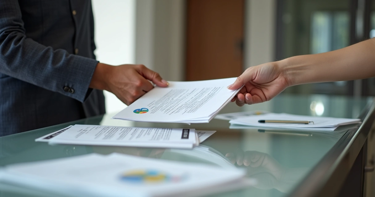 Atendente de cartório entregando documentos de imóvel para cliente 