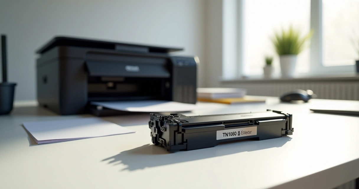 Cartucho de toner compatível TN1060 sobre mesa branca com impressora ao fundo e luz natural 