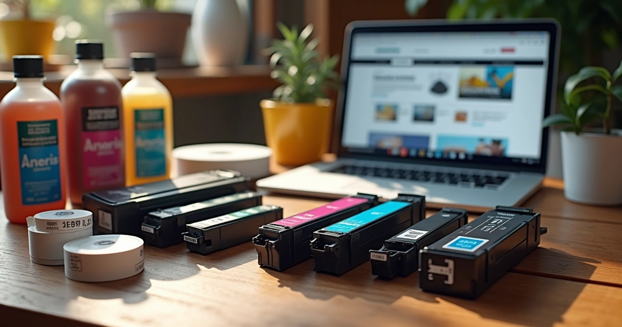 Comparação de cartuchos de tinta e toners em uma mesa 
