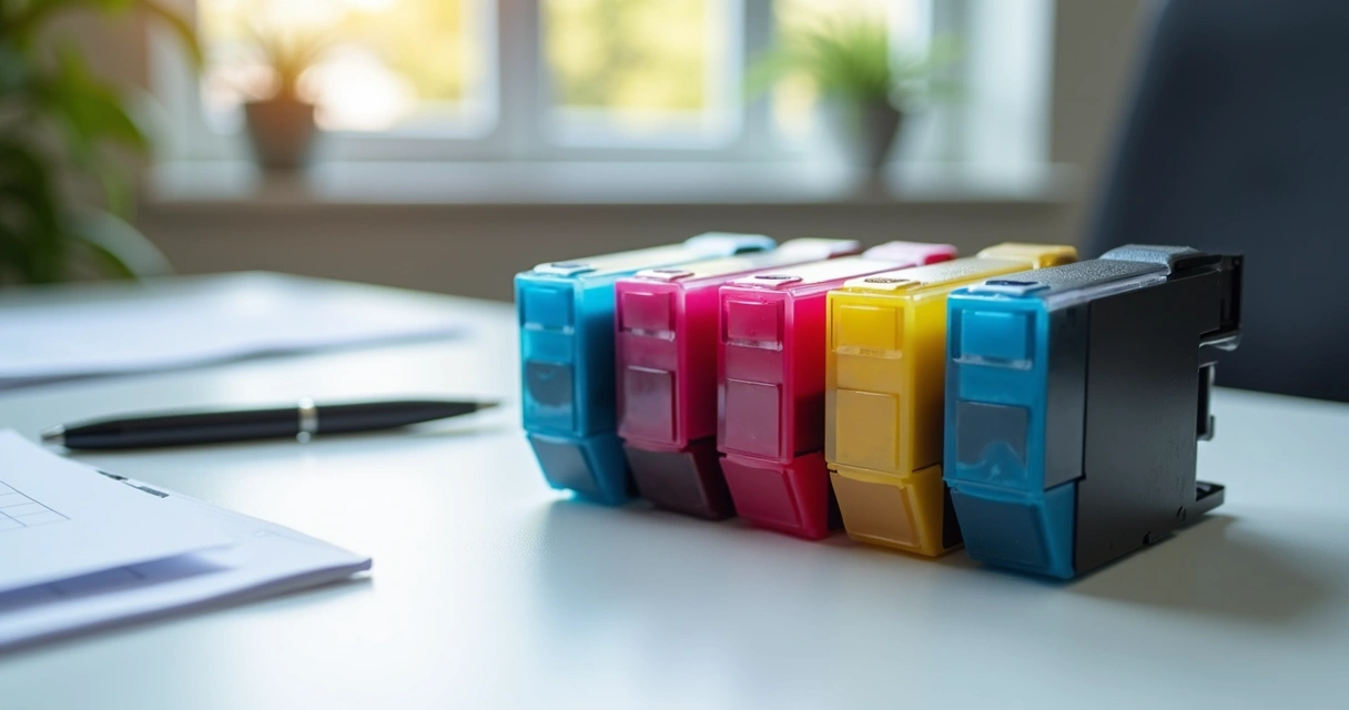 Cartuchos de tinta coloridos alinhados em uma mesa de escritório 