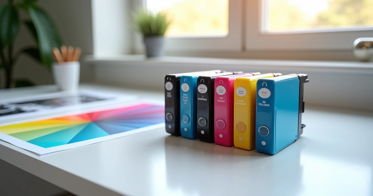 Linha de cartuchos de tinta coloridos, novos e modernos, ao lado de impressões coloridas recentes em uma mesa branca 