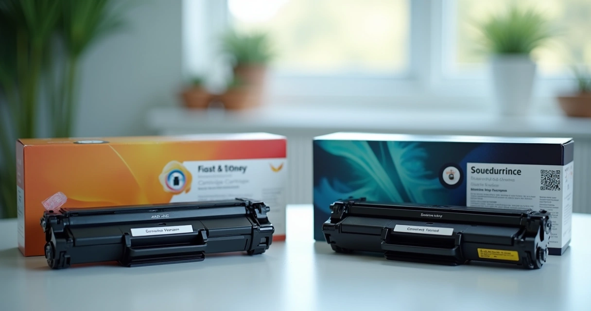 Cartuchos e toners originais com selos de autenticidade lado a lado com versões falsificadas em embalagem danificada 