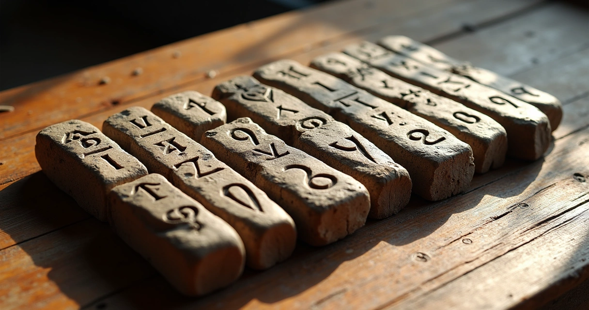Carved runes lying on a wooden table