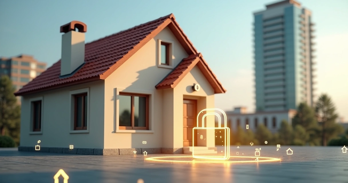 Fachada de casa urbana envolvida por moldura em formato de cadeado com prédio de banco ao fundo 