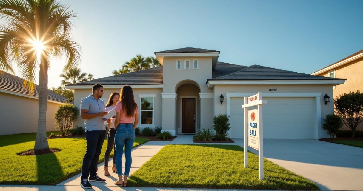 Casal brasileiro com corretor em frente a casa à venda em Orlando 