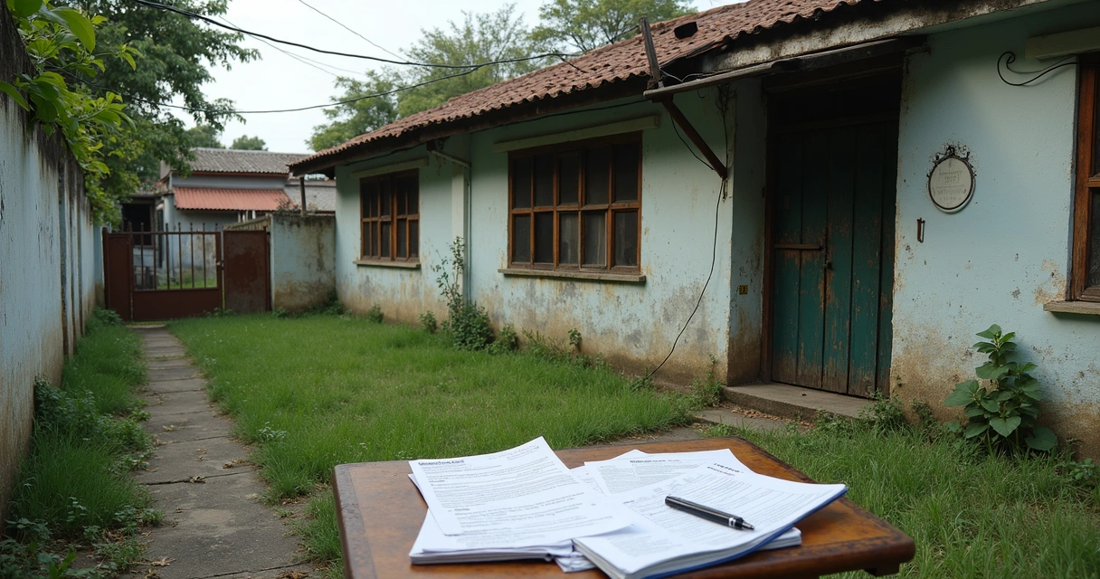Casa antiga com sinais de abandono e documentos sobre mesa 