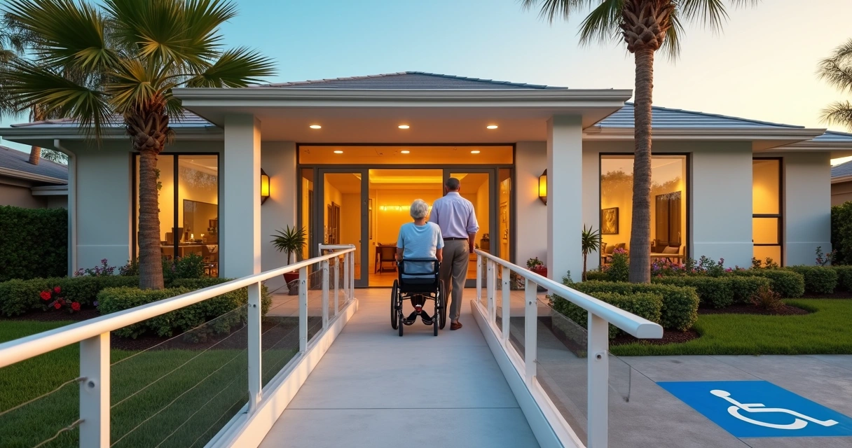 Casal de idosos em cadeira de rodas entrando em casa acessível com rampa em Orlando 