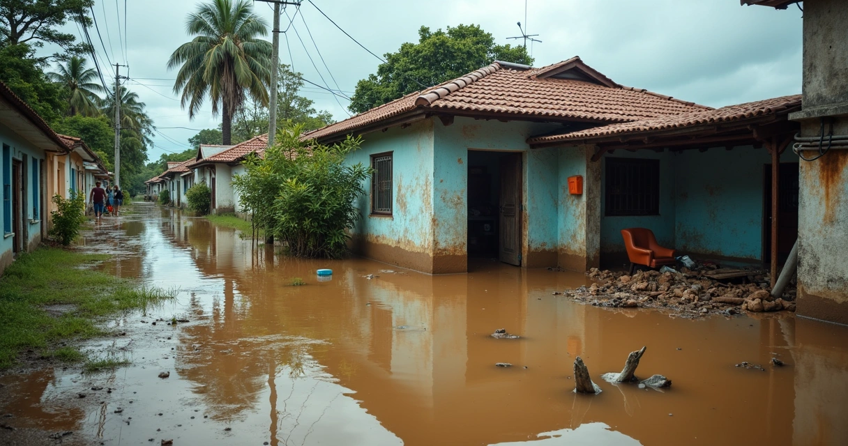 Casa alagada com água barrenta em área urbana 