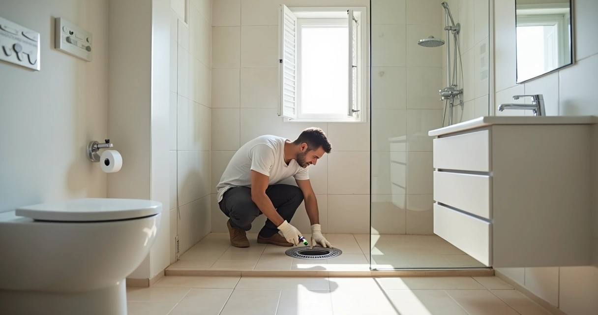 Homem a arejar casa de banho moderna enquanto verifica o ralo do duche 
