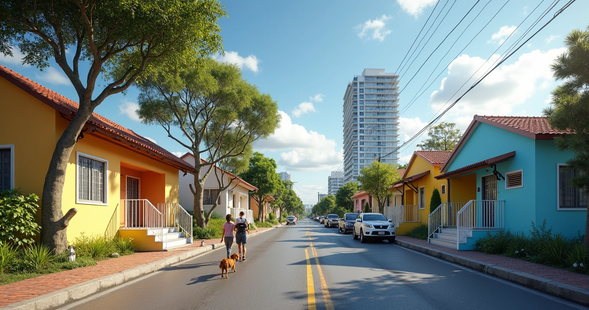 Vista de uma rua residencial com casas e um prédio de apartamentos 