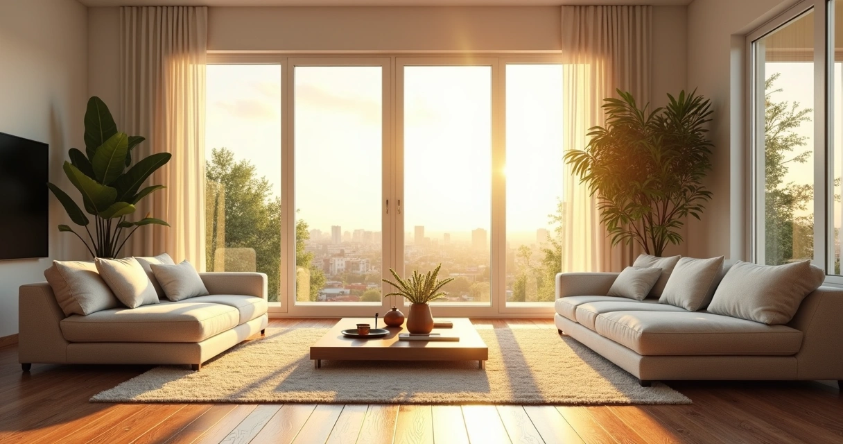 Sala de estar ampla com janelas grandes, luz solar entrando e plantas decorativas 