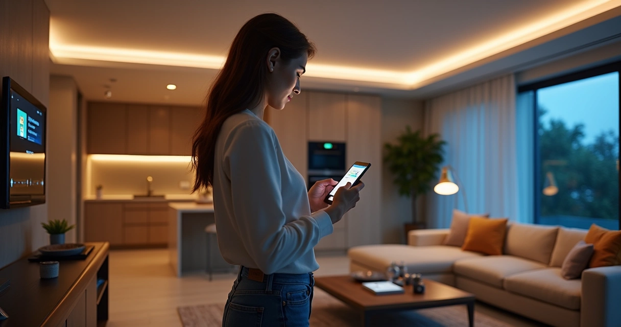 Ambiente residencial moderno com sistema de automação e luz LED inteligente controlada por aplicativo 