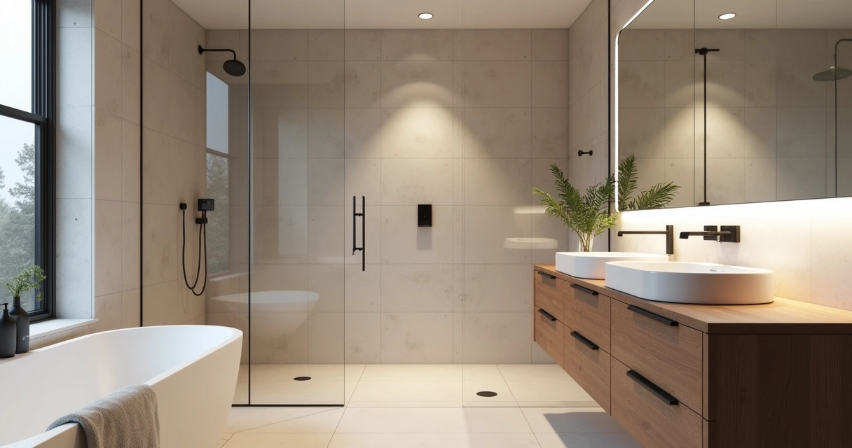 Casa de banho remodelada com duche e revestimento claro 