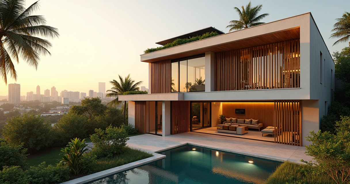 Casa bioclimática com brises e jardim interno em cidade de clima quente 