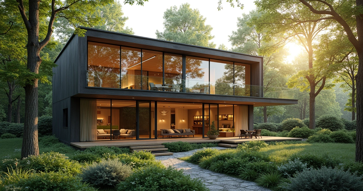 Casa moderna com grandes janelas abertas e vegetação ao redor 