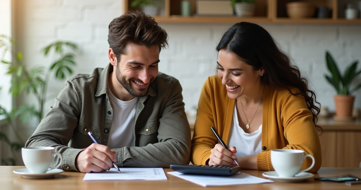 Casal sentado com calculadora e anotando planos financeiros 