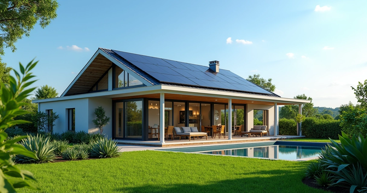 Casa com painéis solares instalados no telhado