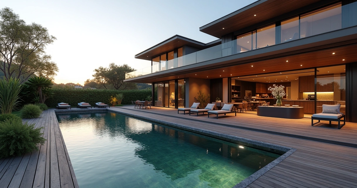 Casa ampla em Campinas com área de lazer, piscina e varanda gourmet ao entardecer 