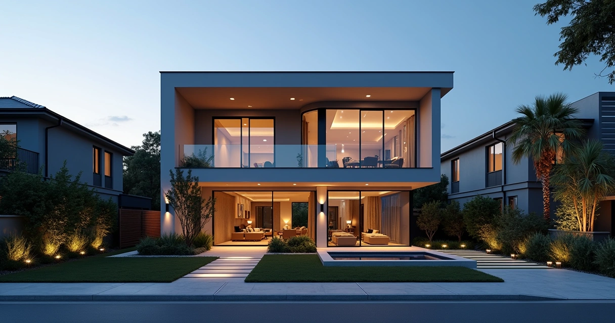 Casa moderna em condomínio fechado com fachada iluminada e sistema de automação residencial visível 