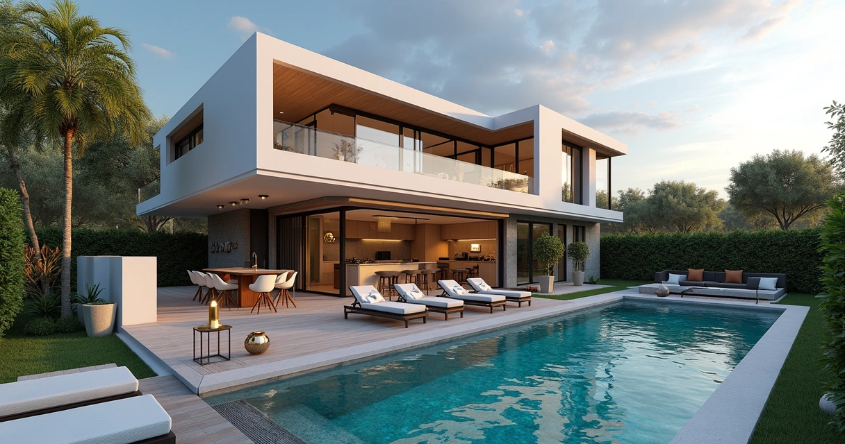 Casa moderna em condomínio fechado em Paulínia com área gourmet, piscina aquecida e jardim bem cuidado ao entardecer 