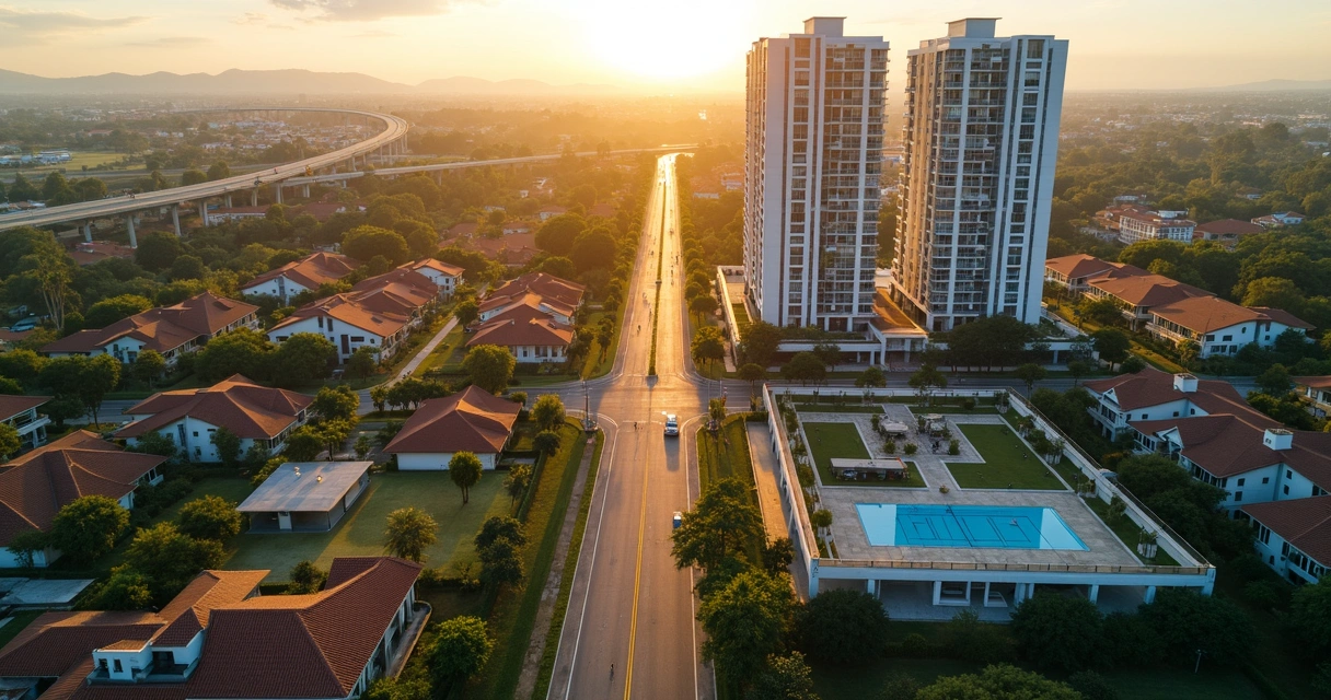 Vista aérea comparando casa em condomínio fechado e edifício de apartamentos em Campinas 