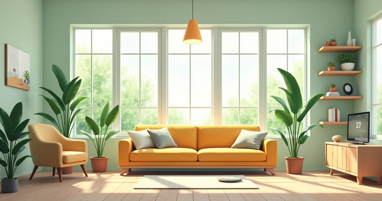 Sala de estar moderna com dispositivos domésticos inteligentes e plantas decorativas 