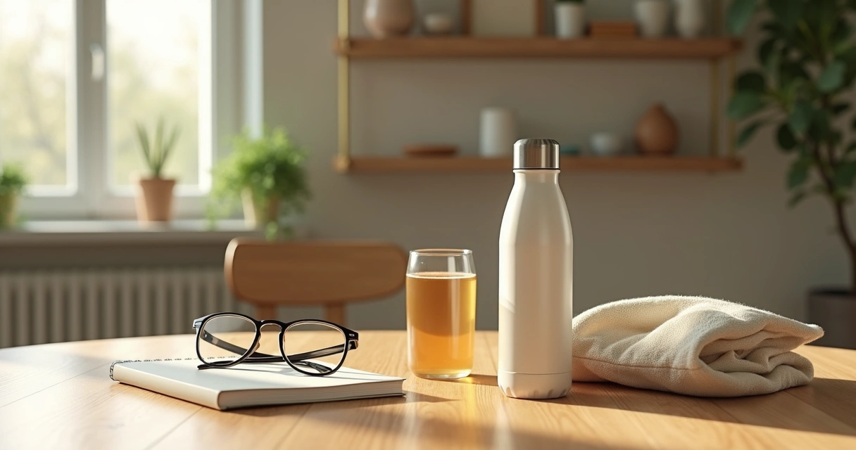 Mesa com poucos objetos úteis e bem escolhidos em casa