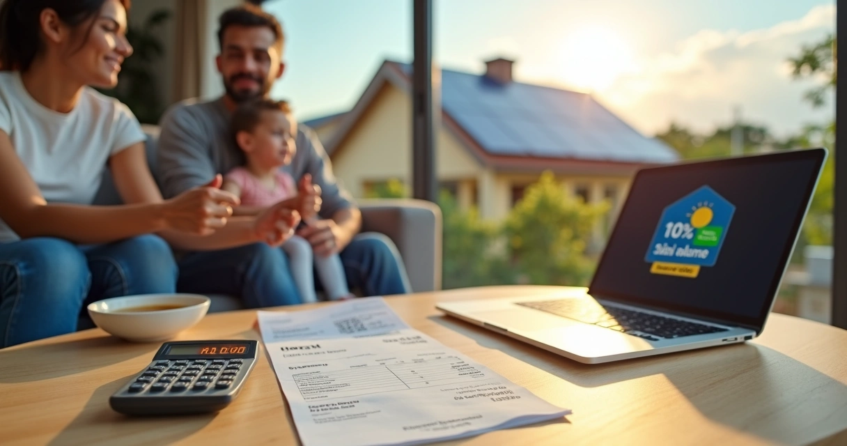 Família em sala de estar avaliando conta de luz e economia com energia solar 