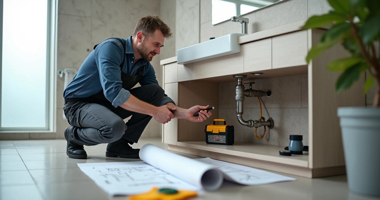 Canalizador a instalar válvula de retenção debaixo de lavatório de casa de banho moderna 