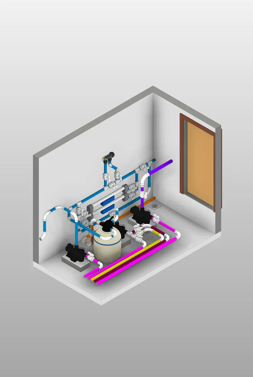 Projeto 3D de casa de máquinas hidráulica para piscina com tubulações coloridas e equipamentos de filtragem