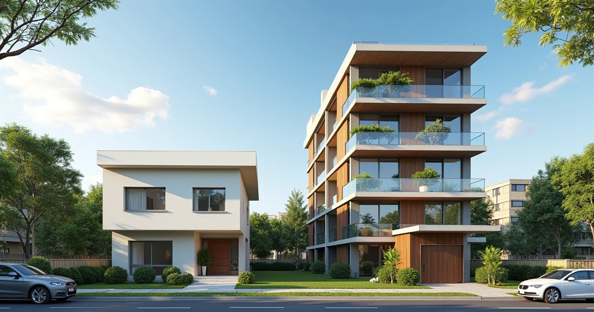 Vista contrastante de uma casa residencial e um apartamento moderno em Paulínia em ambiente urbano 