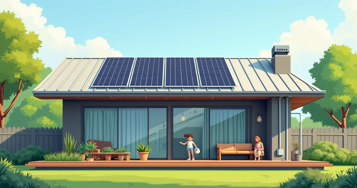 Residência metálica com painéis solares no telhado 