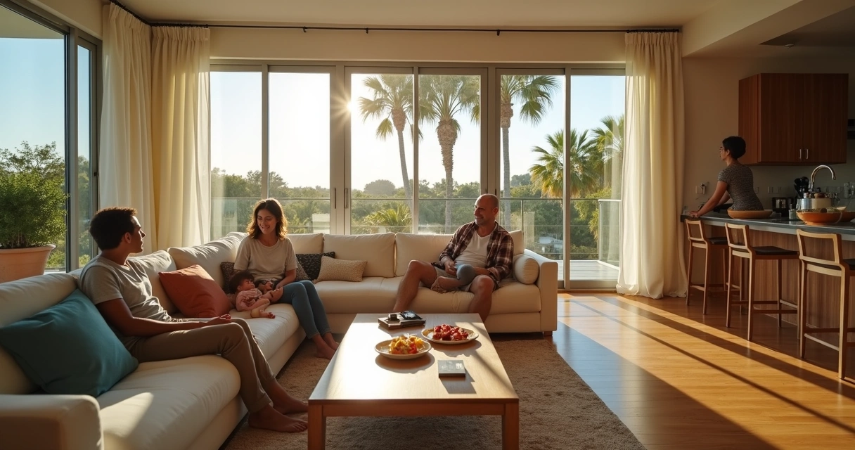 Família brasileira relaxando em sala de casa de temporada em Orlando próxima da Disney