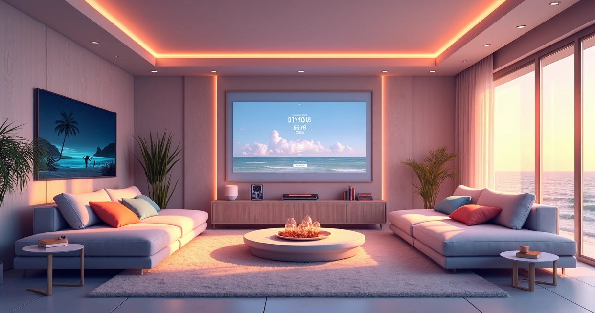 Vacations home high-tech living room with automation panels, subtle lighting and futuristic decoration. 