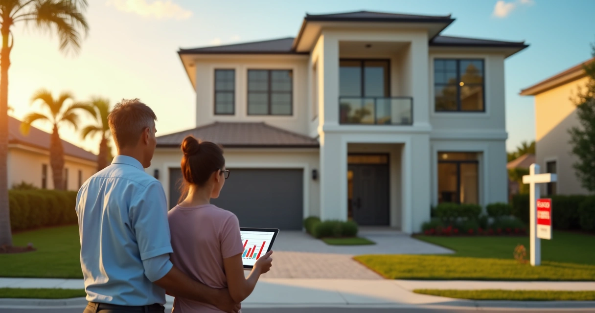 Casa moderna na Flórida com casal avaliando investimento imobiliário 