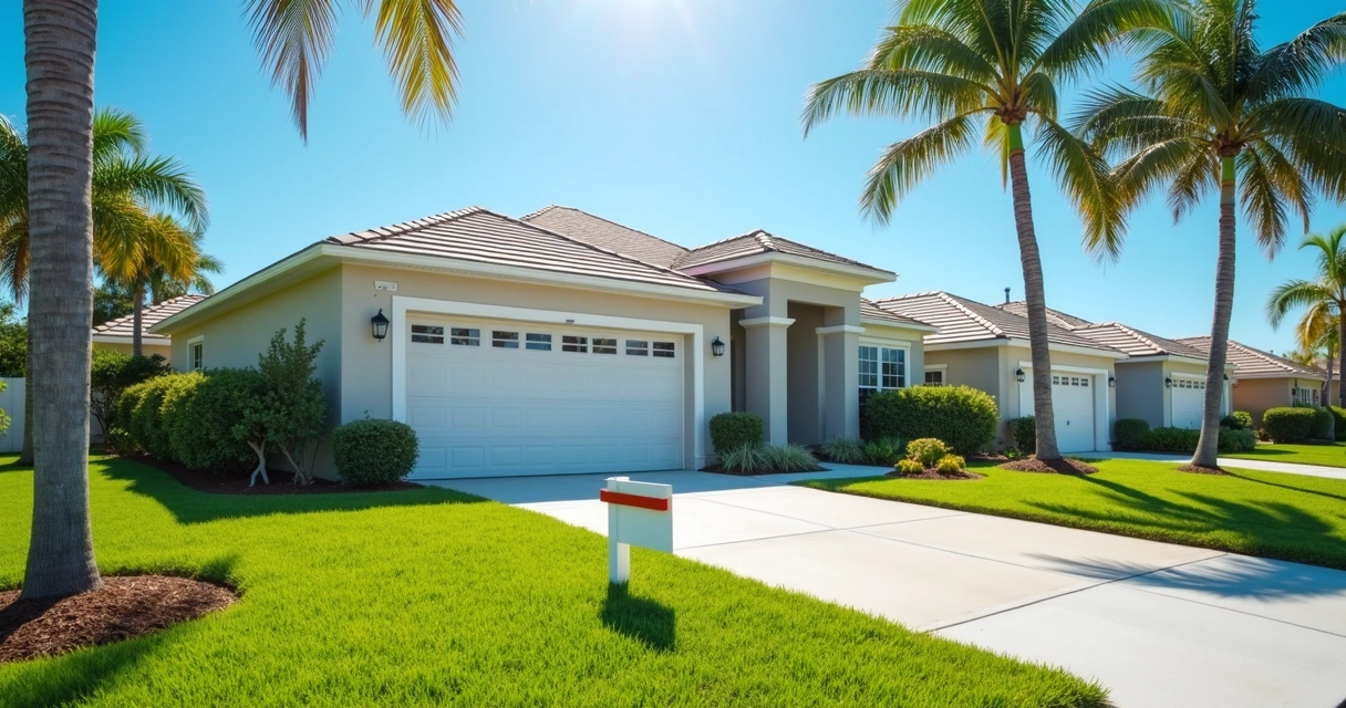 Casa residencial típica na Flórida com placa de vende-se e gramado bem cuidado