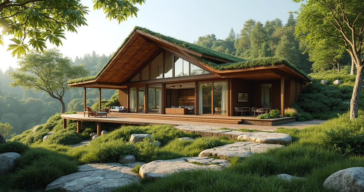 Casa moderna com jardim integrado e topografia em terreno inclinado, com ventilação natural e materiais sustentáveis 