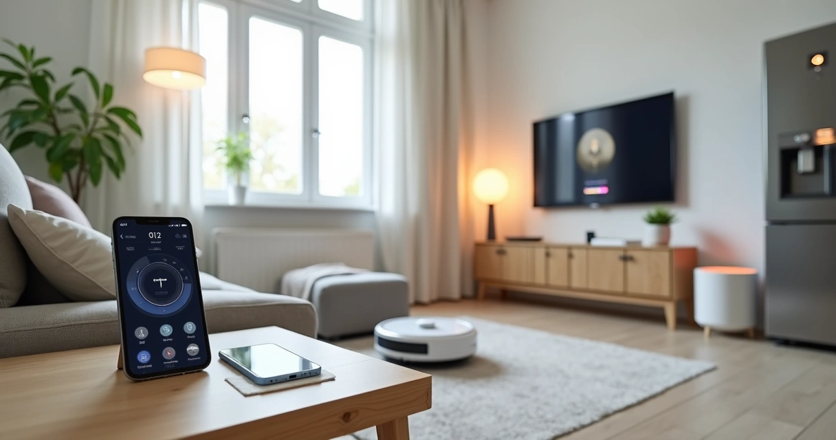 Sala moderna com dispositivos domésticos inteligentes controlados por assistente virtual 