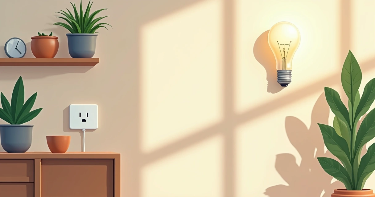 Ambiente doméstico com produtos de casa inteligente e sustentabilidade, como lâmpadas, tomadas e mini-horta vertical 
