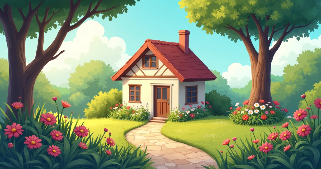 Ilustração de uma casa cercada por um jardim florido, representando o conceito de usucapião.
