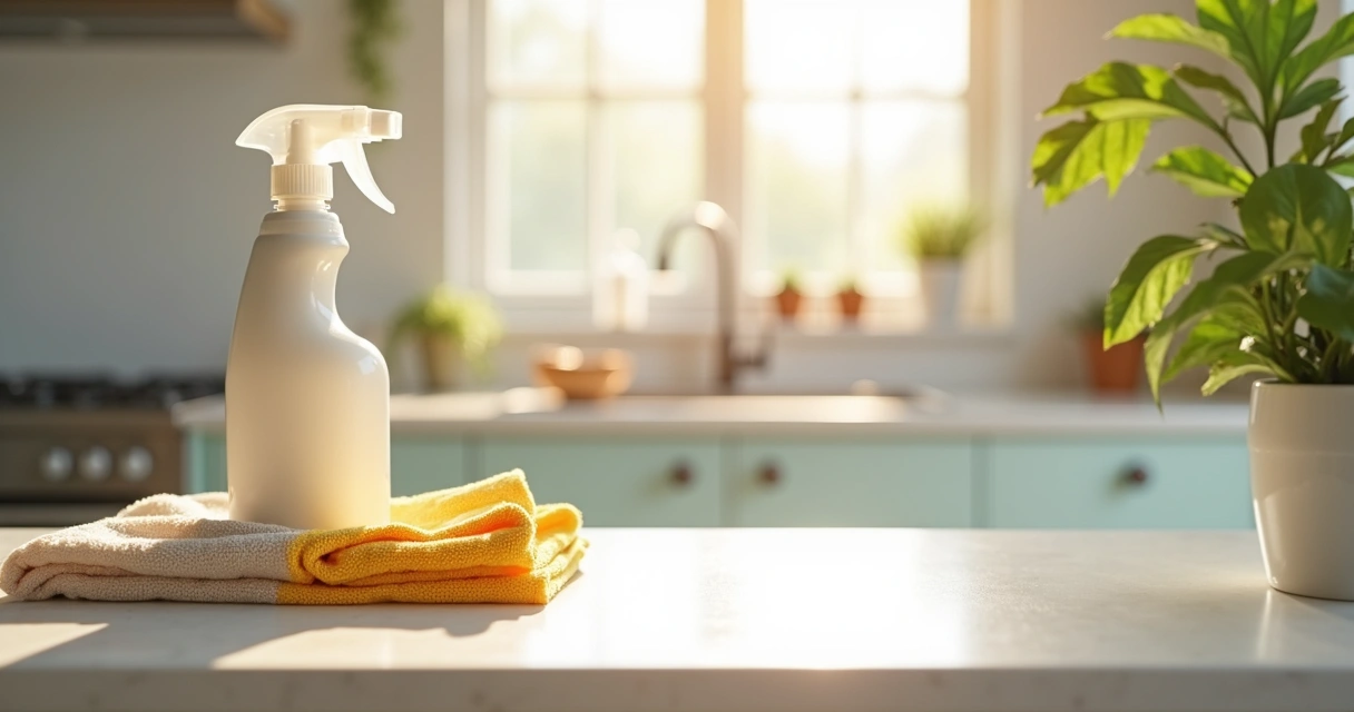 Bancada de cozinha limpa com produtos de limpeza naturais ao lado de uma planta