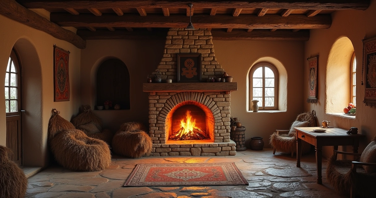 Casa medieval simples com lareira central e vigas de madeira 