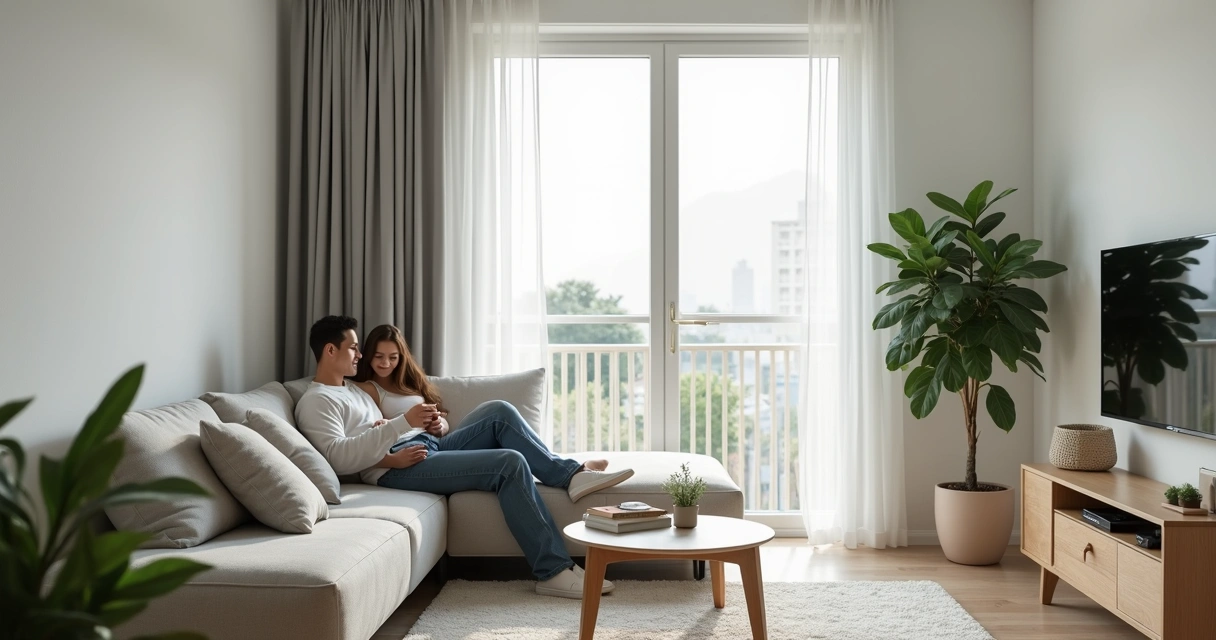 Sala de casal com decoração minimalista e poucos móveis, ambiente acolhedor