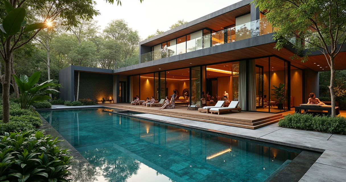 Casa moderna do Kairós Spa integrada à natureza com piscina natural e árvores ao redor 