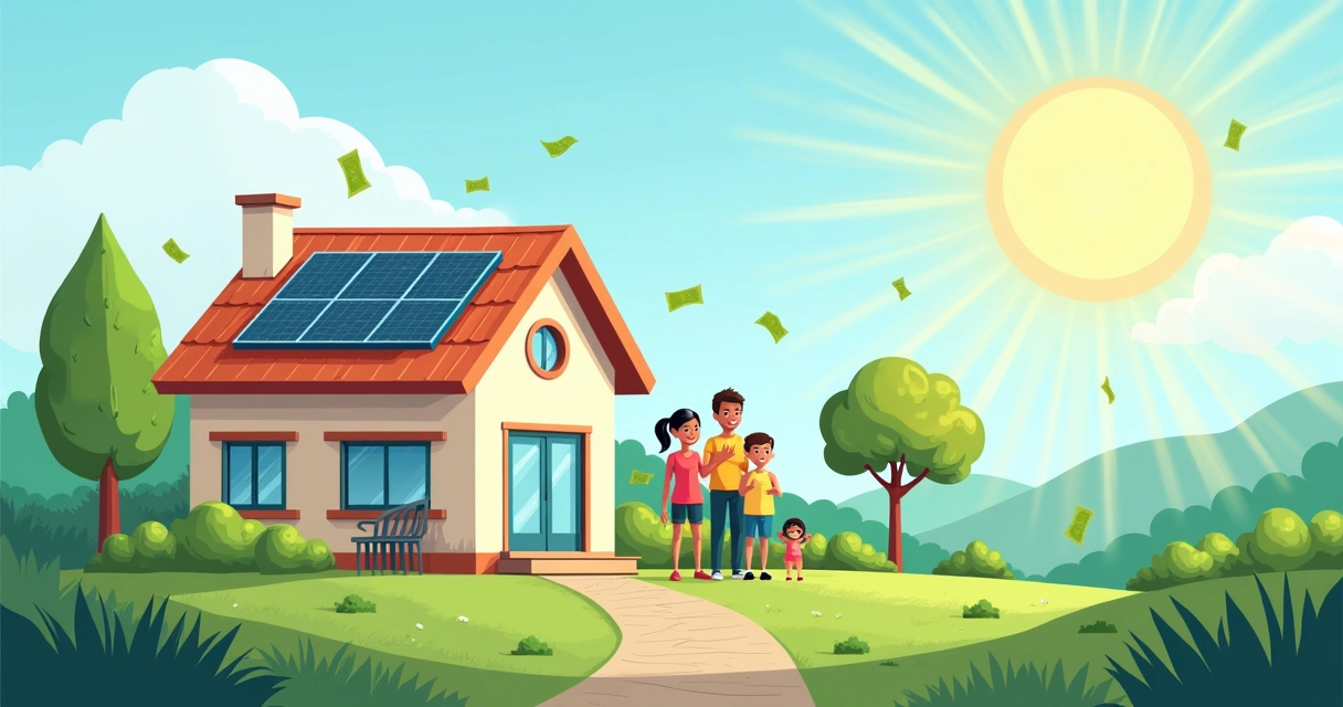 Casa moderna com painel solar, família feliz e economia de energia em um dia ensolarado.