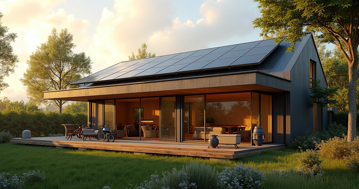 Casa moderna sustentável com painéis solares e jardim integrado 
