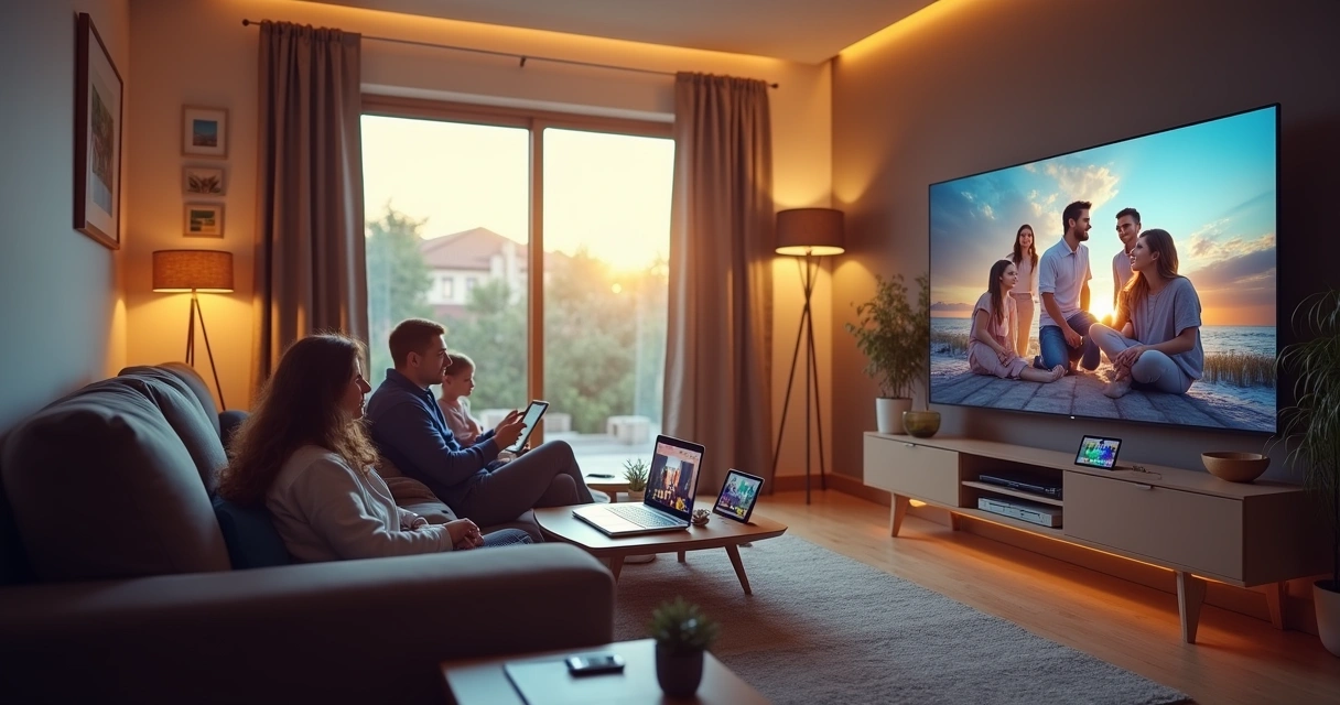 Casa moderna com tecnologia FTTH, família conectada em videoconferência e filme em alta definição.