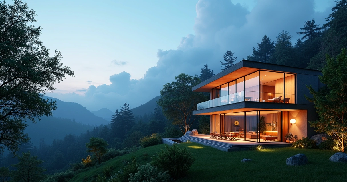 Uma casa moderna com grandes janelas de vidro e varandas iluminadas à noite, aninhada em uma encosta verde exuberante com montanhas e densas árvores ao fundo, sob um céu crepuscular.