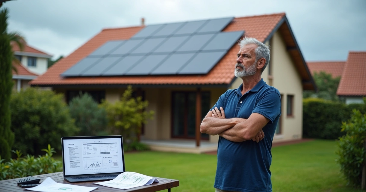 Casa com painéis solares no telhado sob céu nublado, destacando incertezas do investimento 